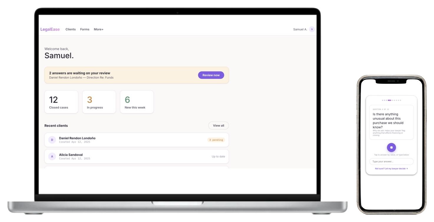 LegalEase lawyer dashboard showing client cases, answers awaiting review, and recent clients