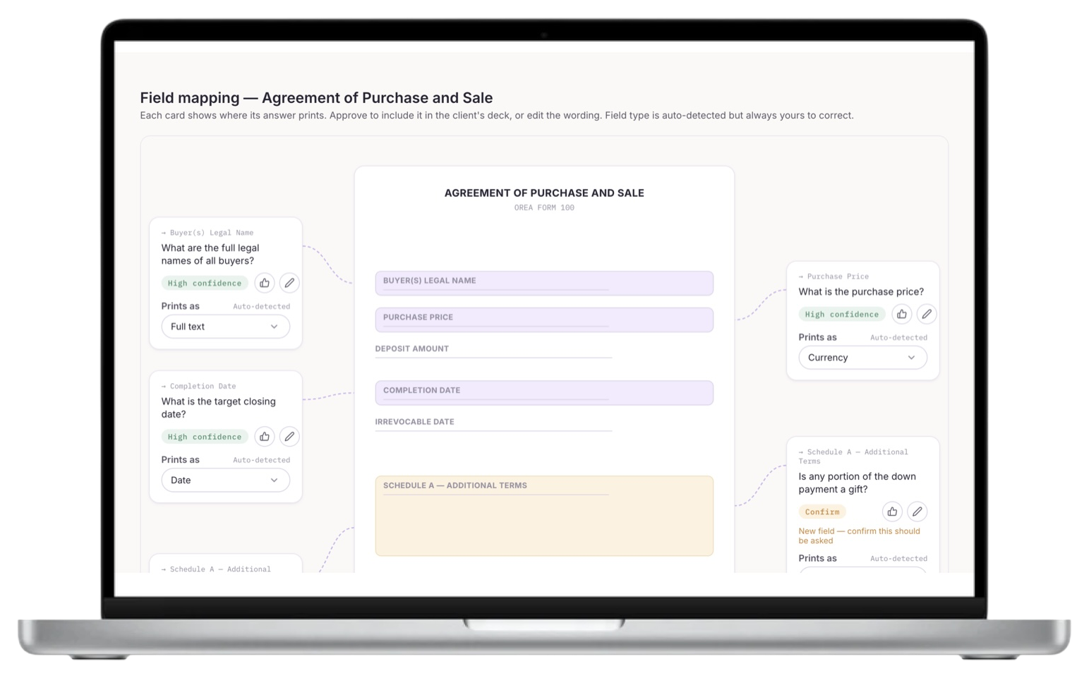 LegalEase field mapping screen: a lawyer's uploaded form with client questions pinned to each field